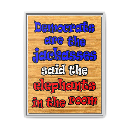 donkeys and elephants - framed canvas art (butterscotch wood finish)