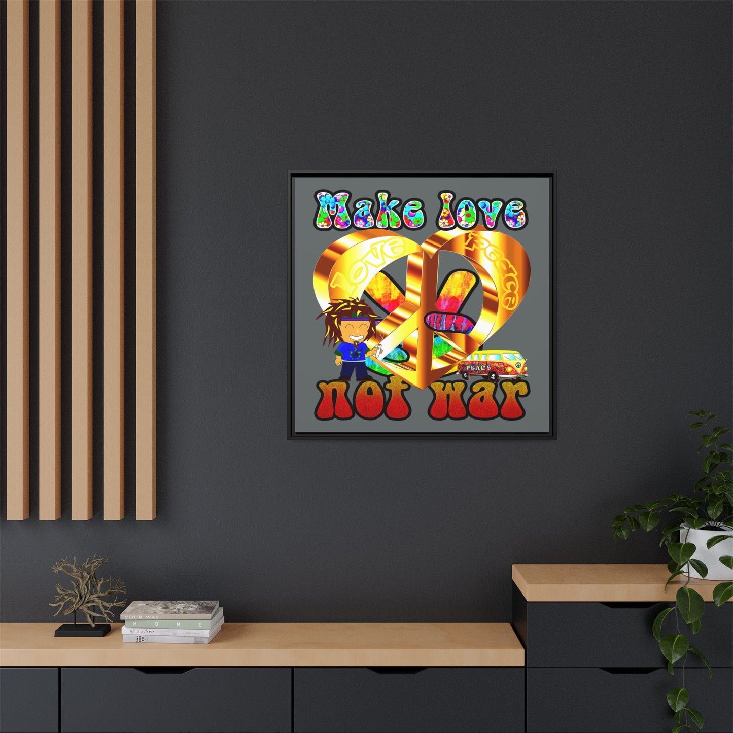 love peace - framed canvas art (dark grey)