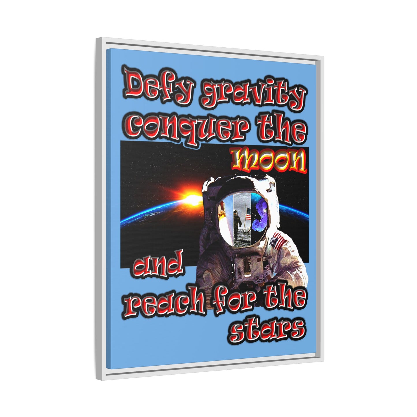 defy conquer reach - framed canvas art (light blue)