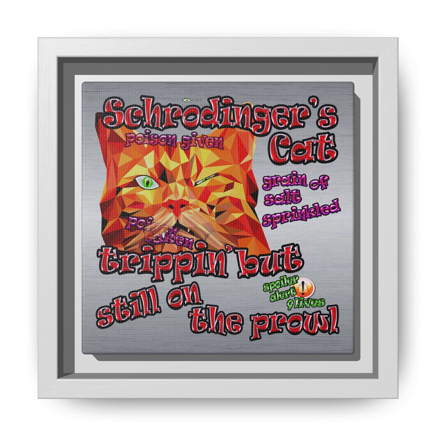 schrodinger's cat - framed canvas art (brushed nickel)
