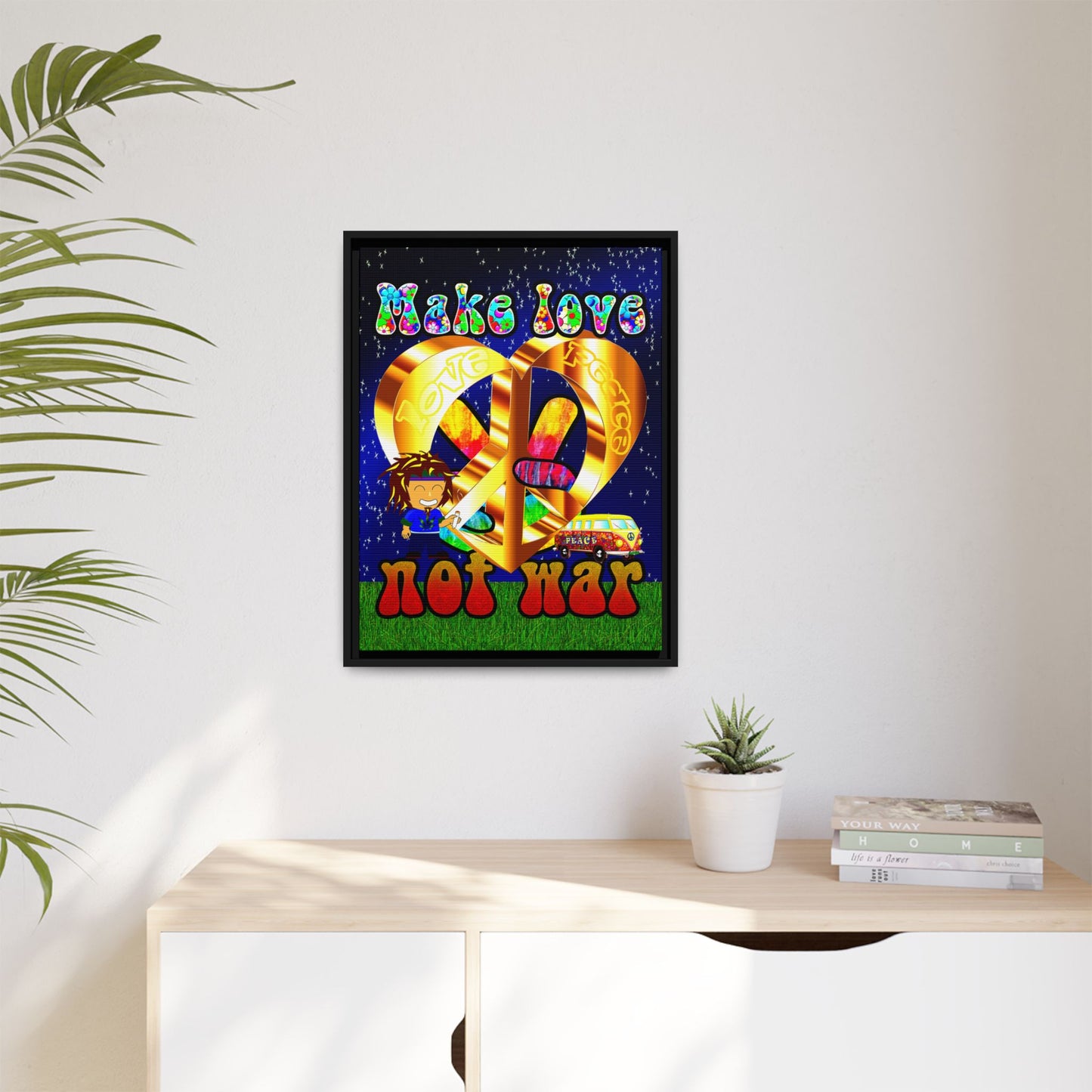 love peace - framed canvas art ('snoops' background)
