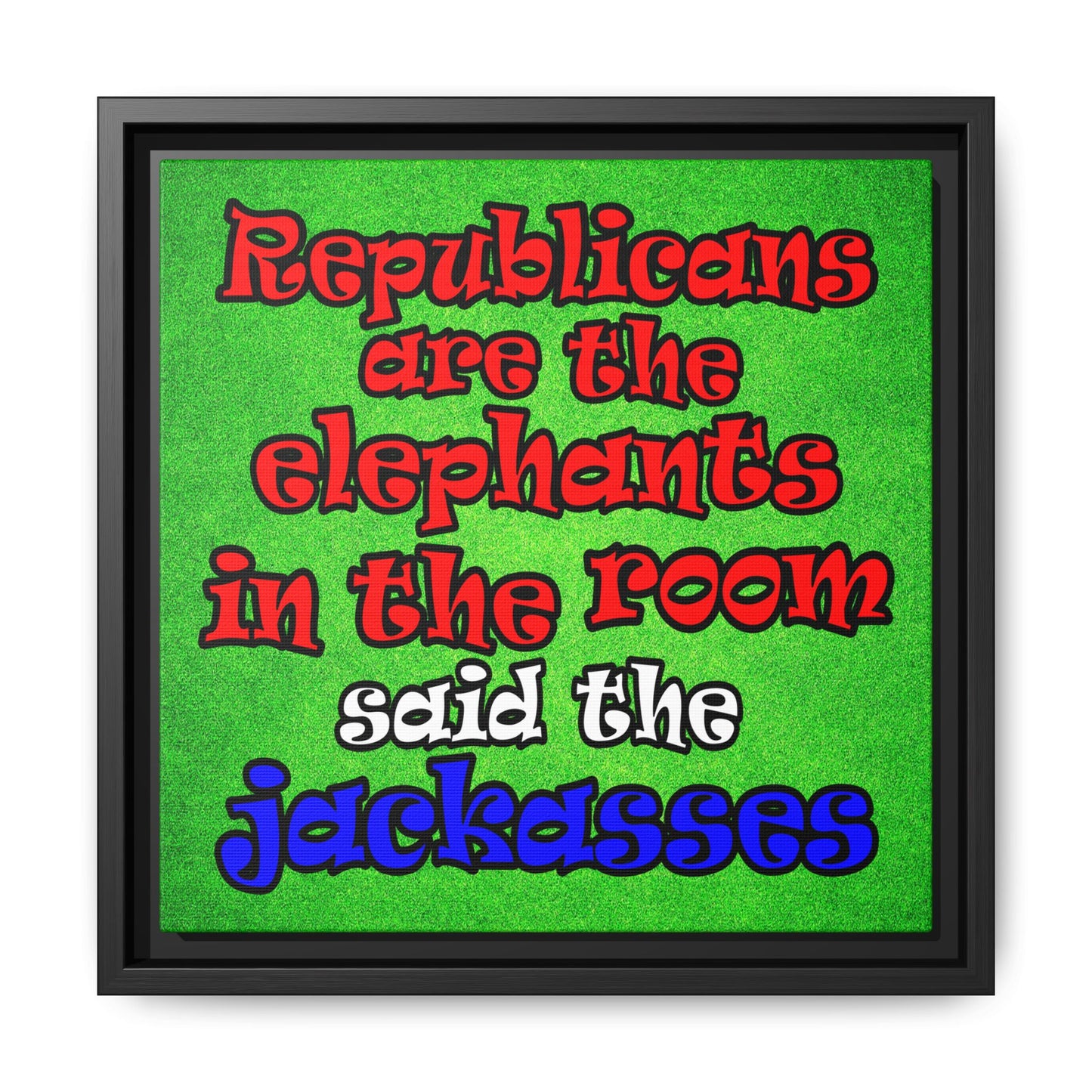 donkeys and elephants - framed canvas art (green turf)