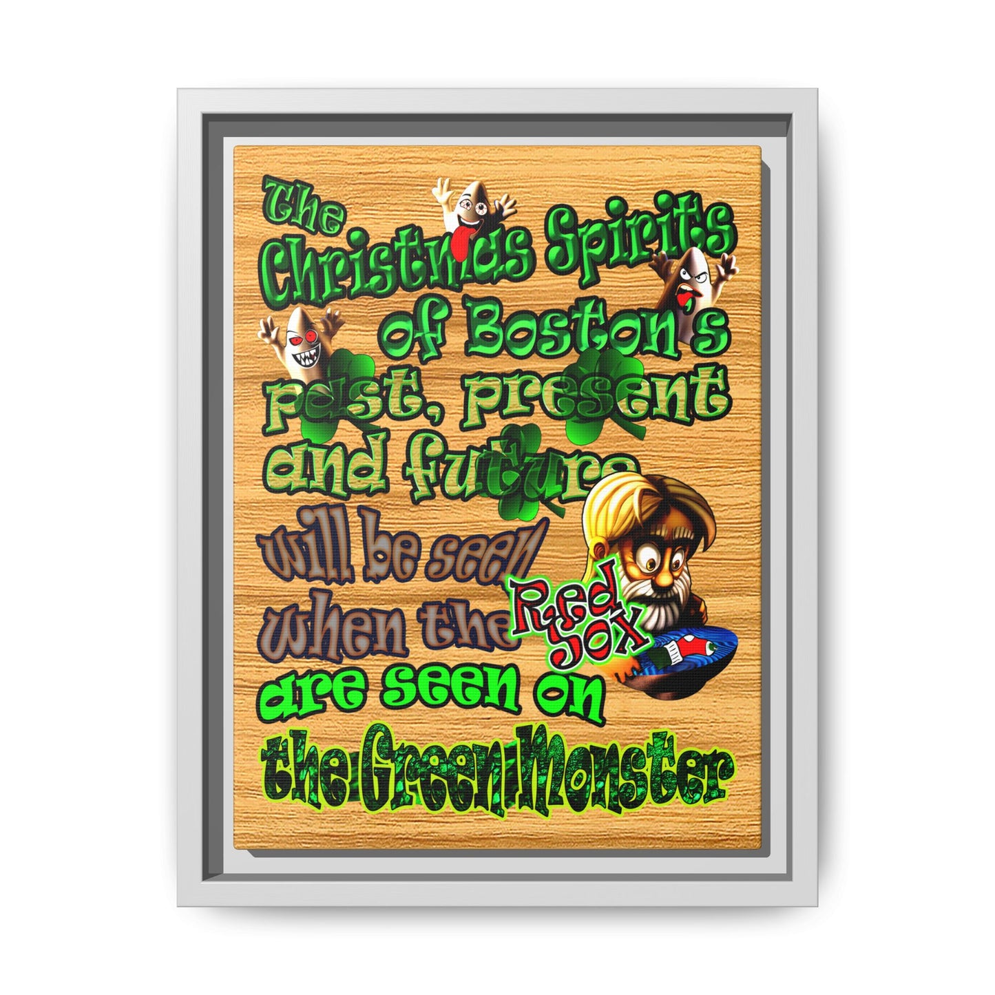 christmas spirits of boston - framed canvas art (butterscotch wood finish)