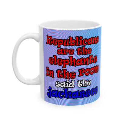 donkeys and elephants - White Mug (light blue-purple wave)