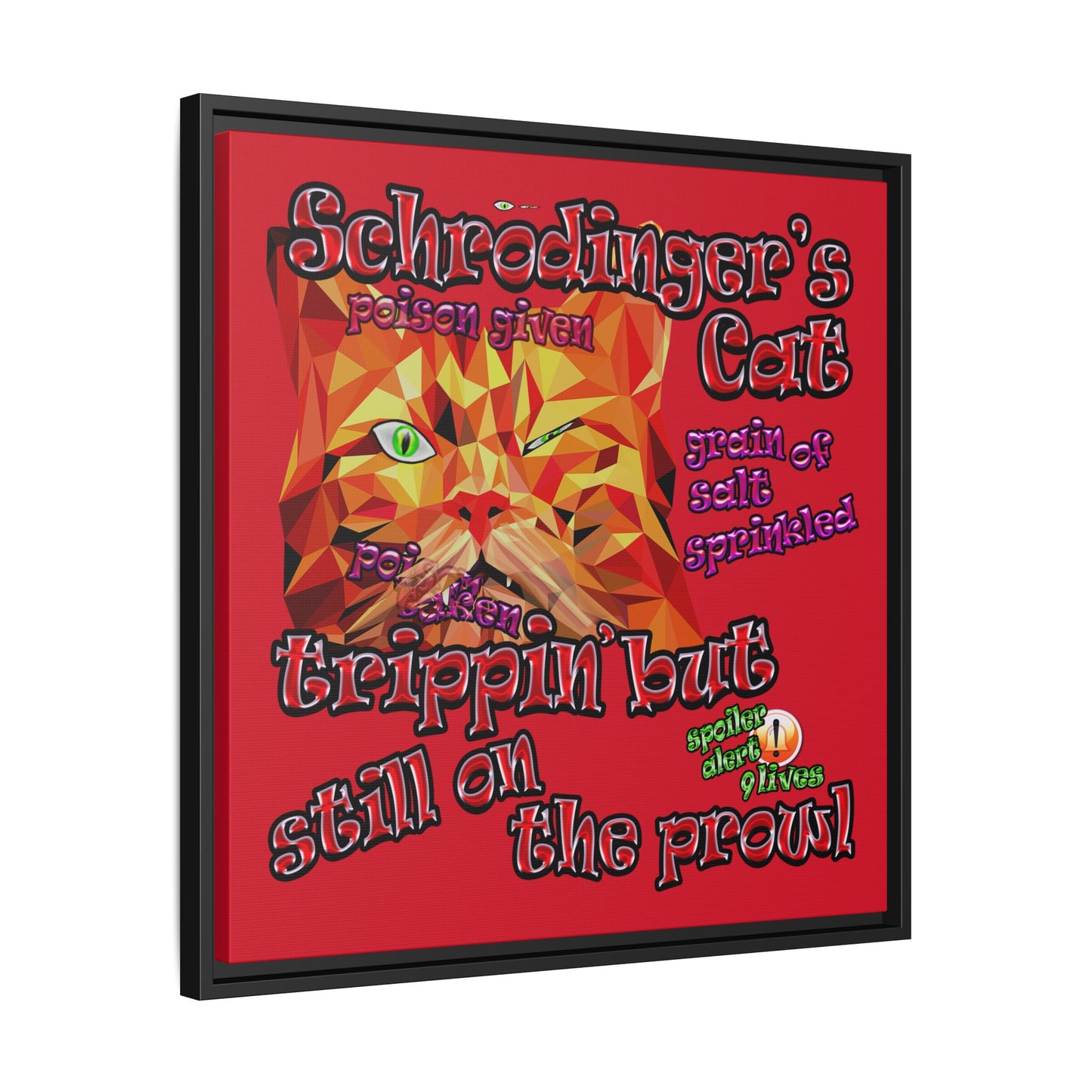 schrodinger's cat - framed canvas art (dark red)