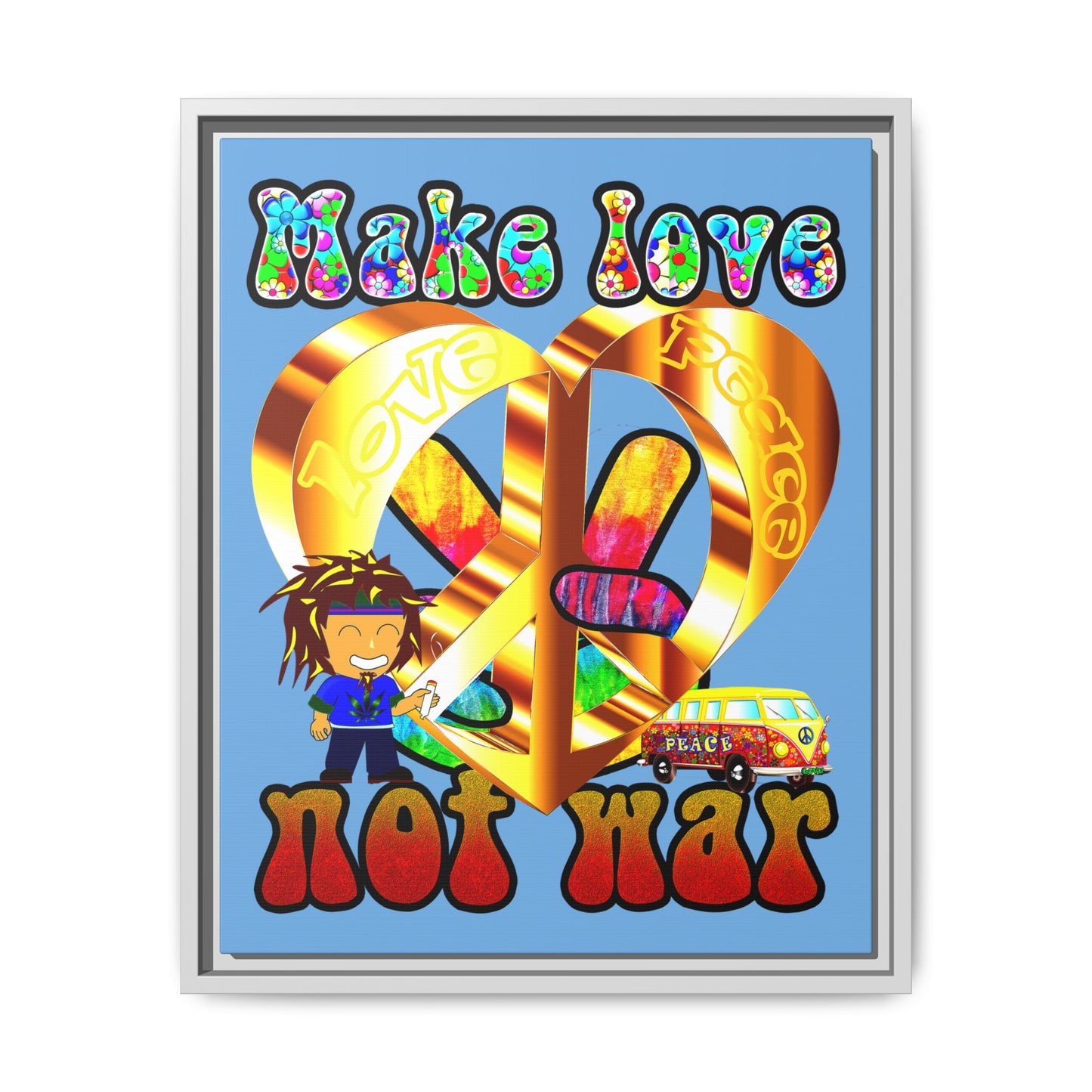 love peace - framed canvas art (light blue)