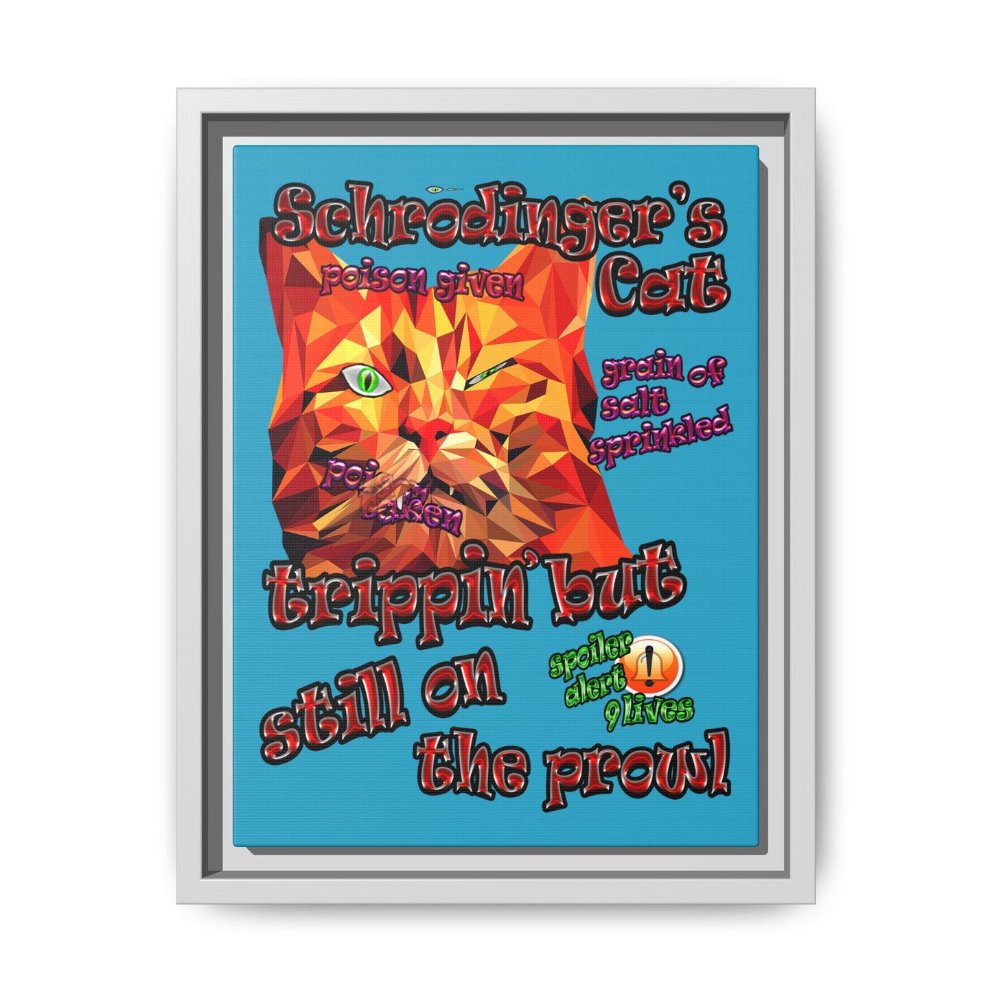 schrodinger's cat - framed canvas art (turquoise)