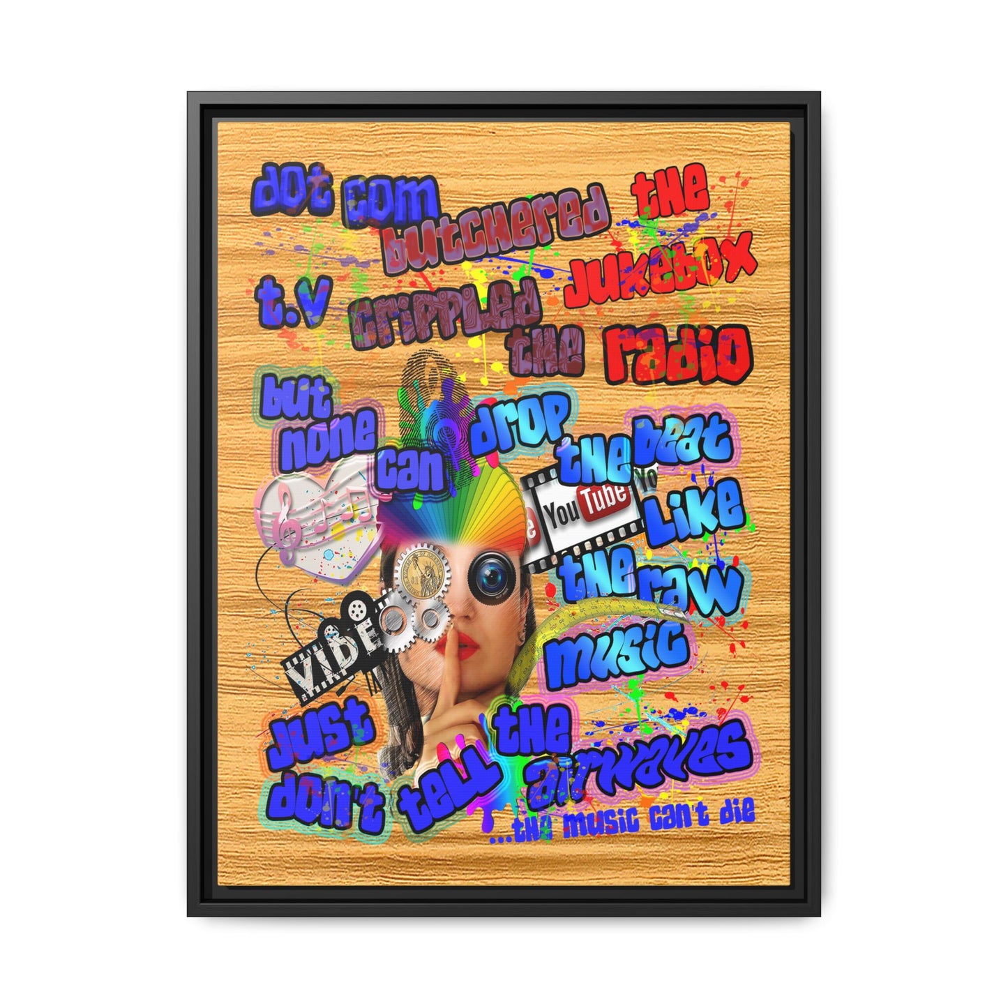 drop the beat - framed canvas art (butterscotch wood finish)