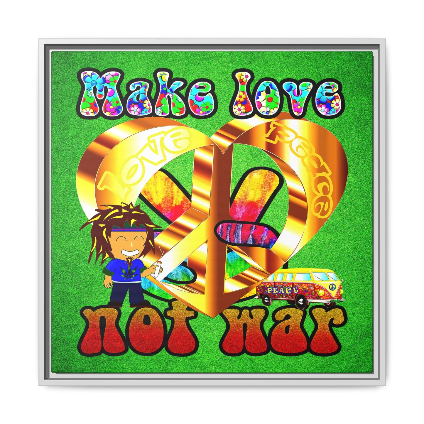 love peace - framed canvas art (green turf)