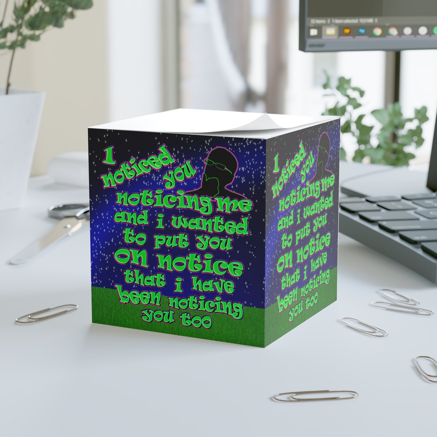noticed you noticing - note cube ('snoops' background)