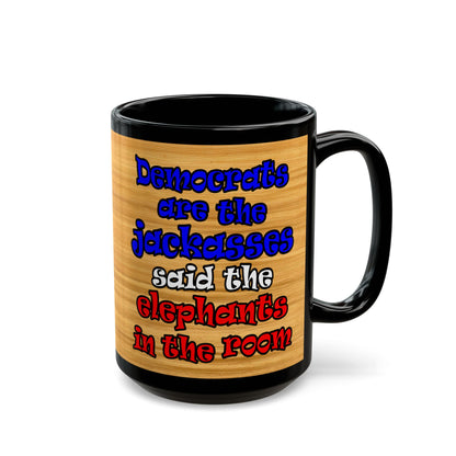 donkeys and elephants - Black Mug (butterscotch wood finish)