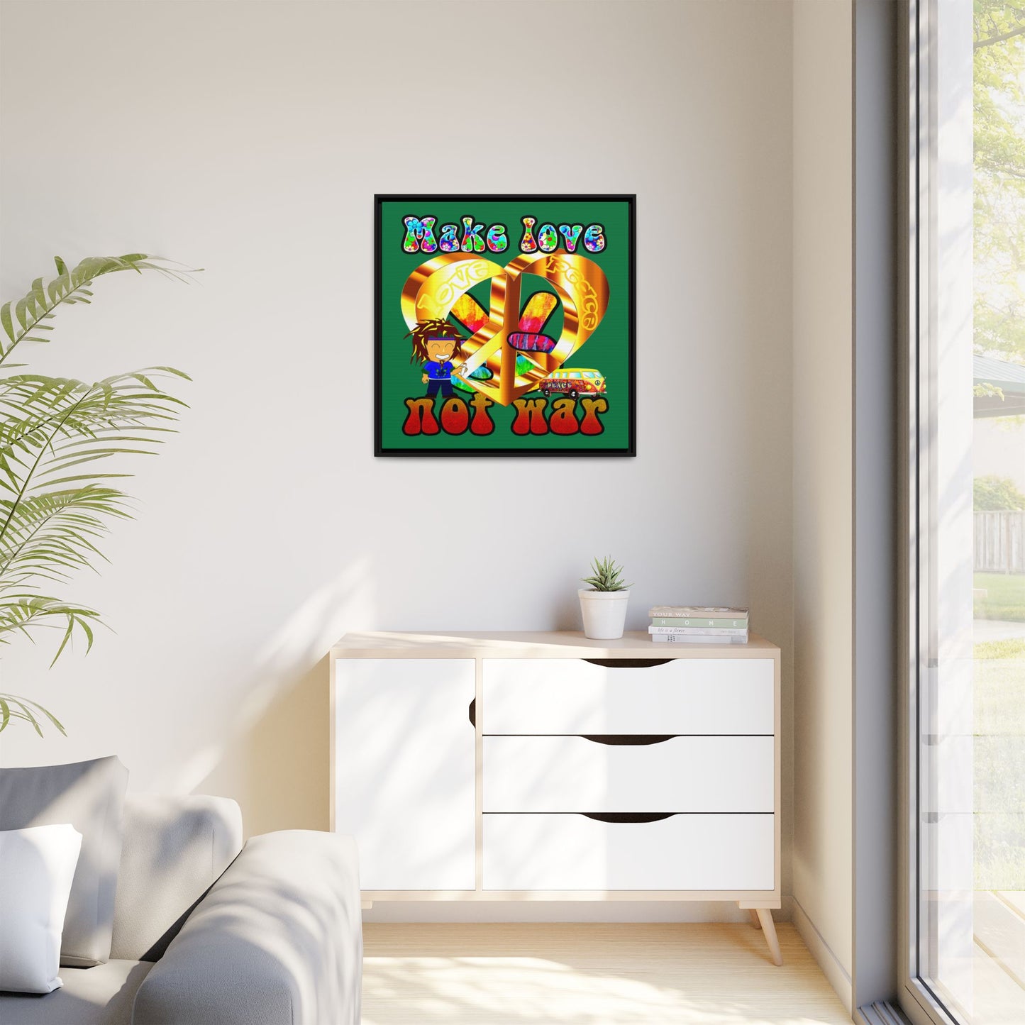 love peace - framed canvas art (dark green)