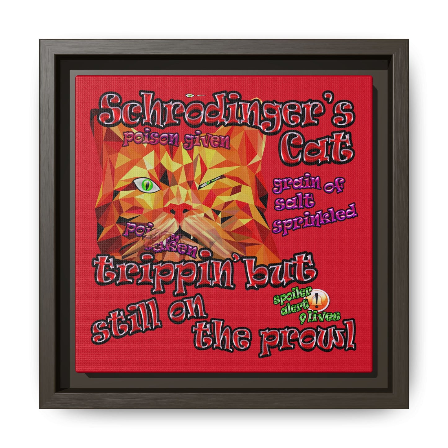 schrodinger's cat - framed canvas art (dark red)
