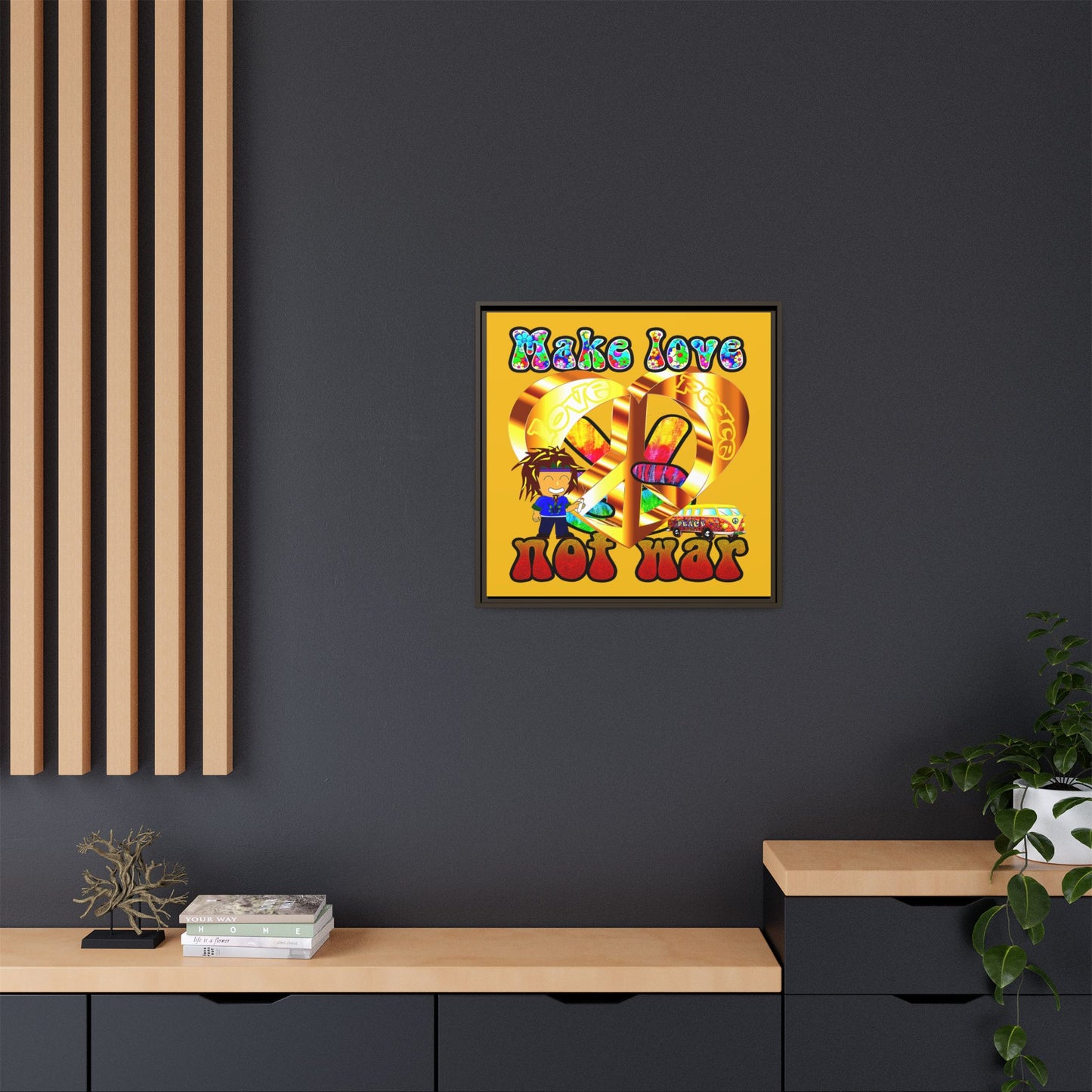 love peace - framed canvas art (yellow)