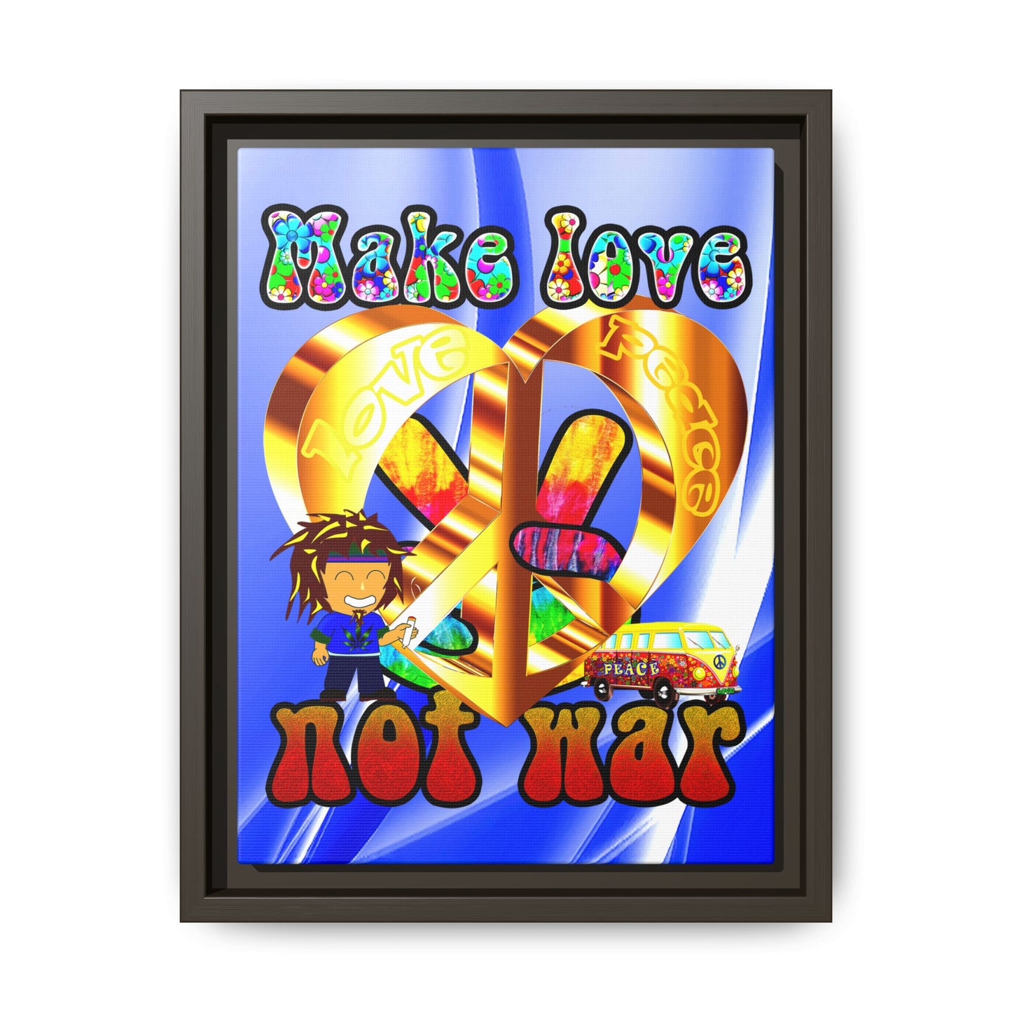 love peace - framed canvas art (blue-white wave)
