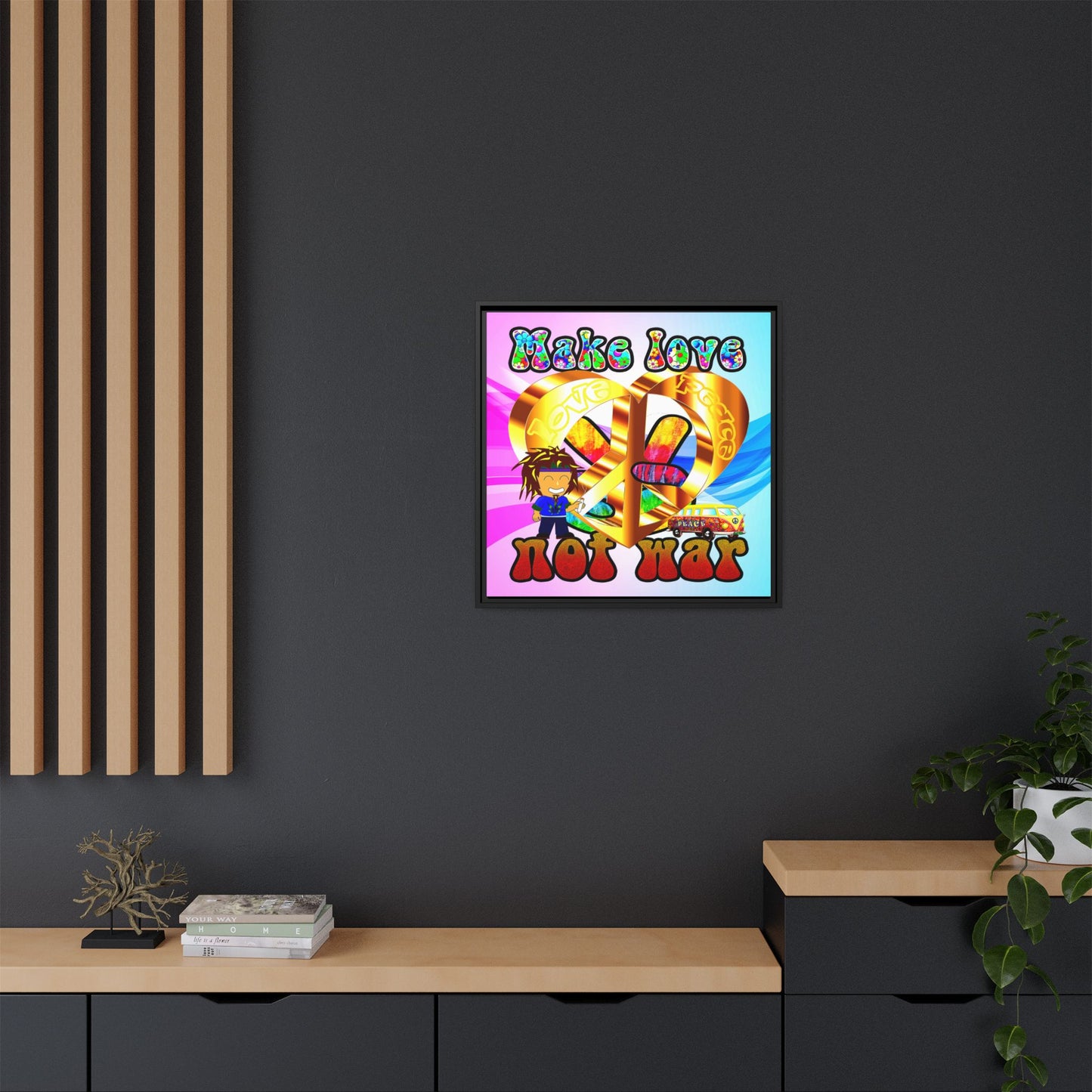 love peace - framed canvas art (light blue-pink wave)