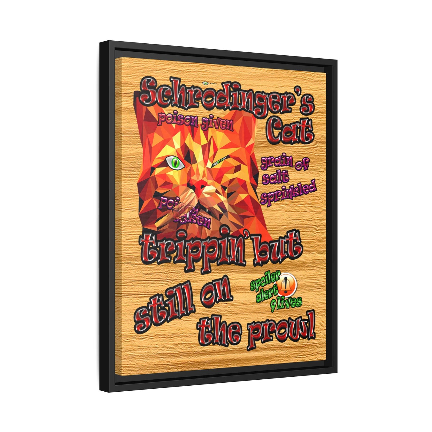 schrodinger's cat - framed canvas art (butterscotch wood finish)