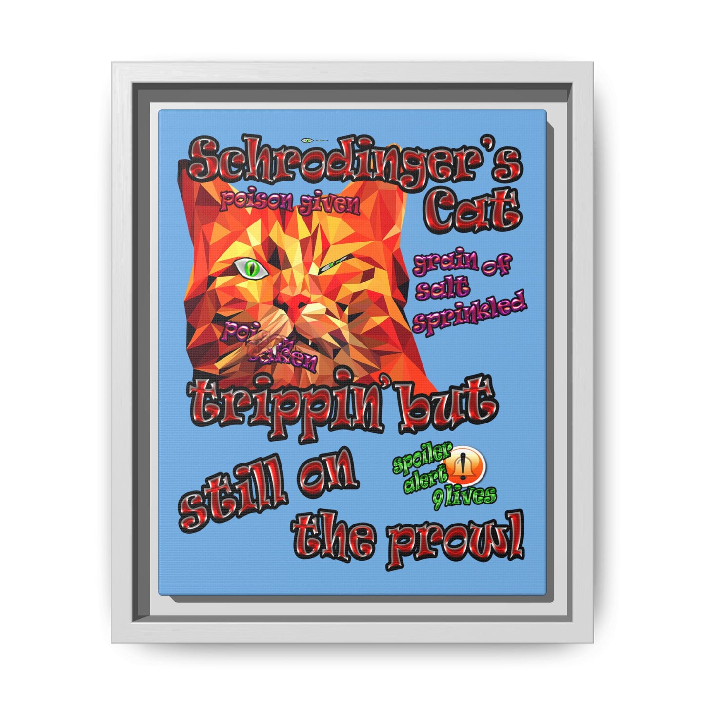 schrodinger's cat - framed canvas art (light blue)