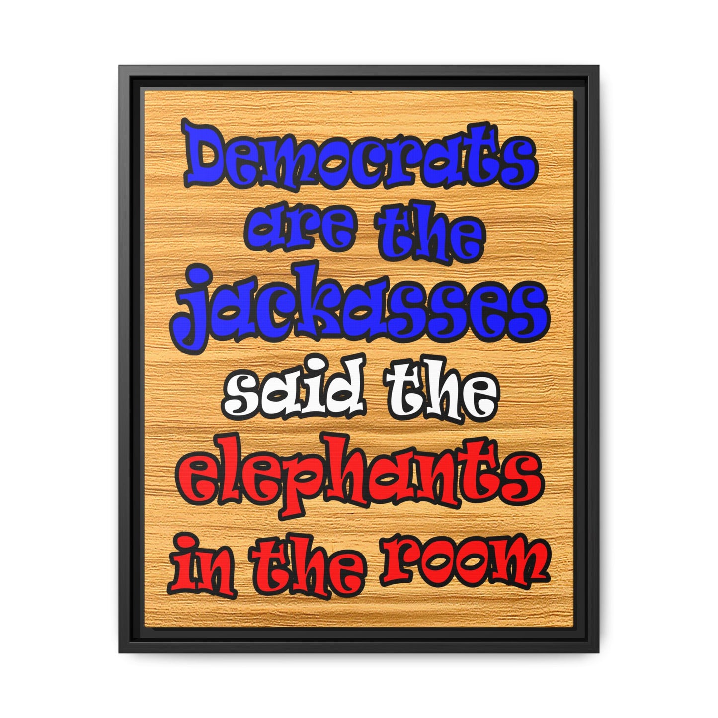 donkeys and elephants - framed canvas art (butterscotch wood finish)