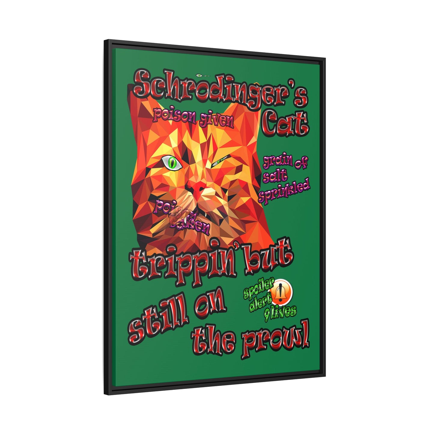 schrodinger's cat - framed canvas art (dark green)