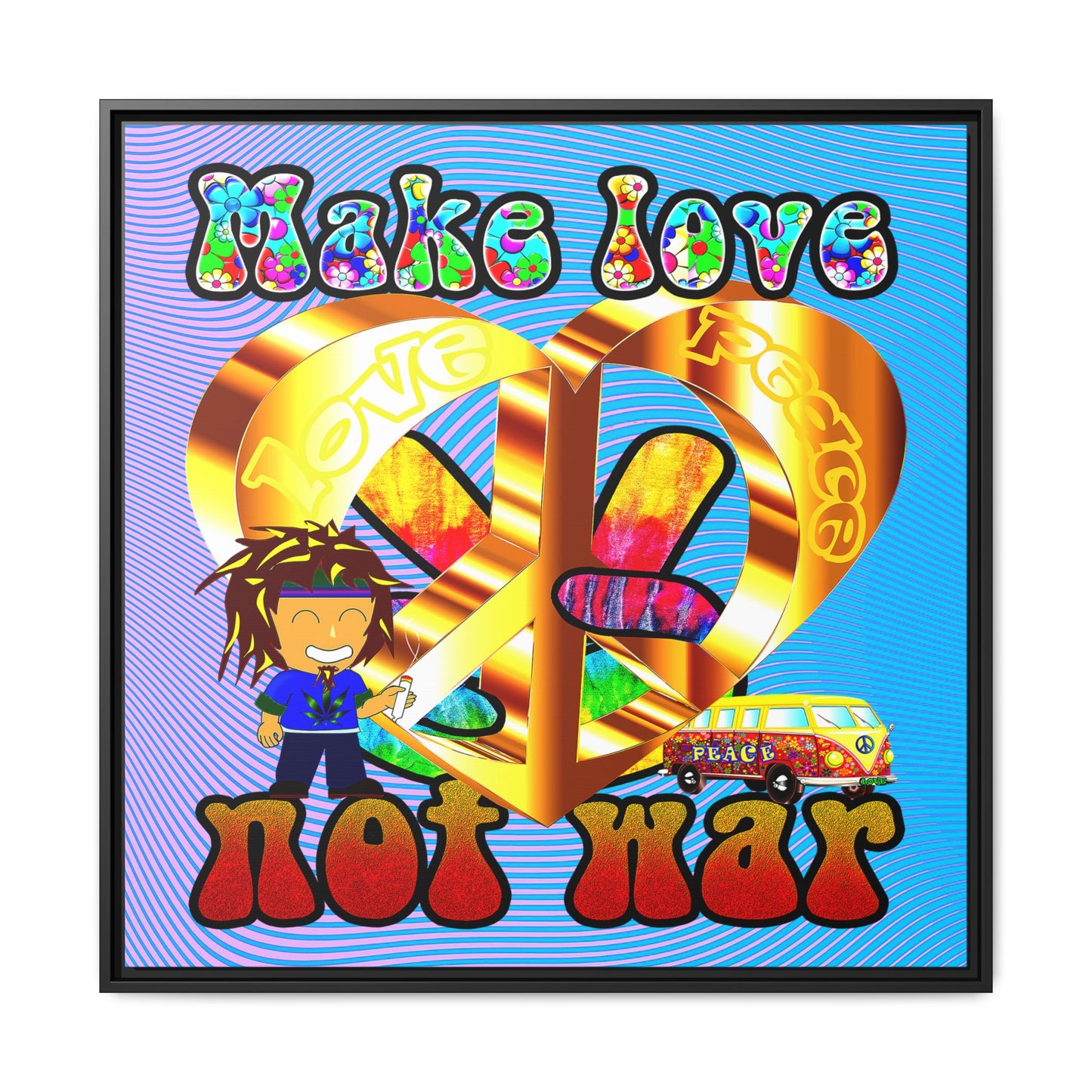 love peace - framed canvas art (light blue-purple wave)