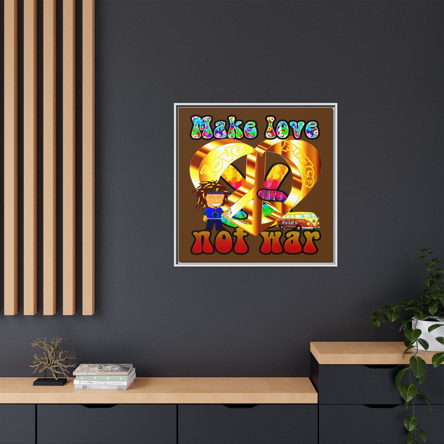 love peace - framed canvas art (brown)