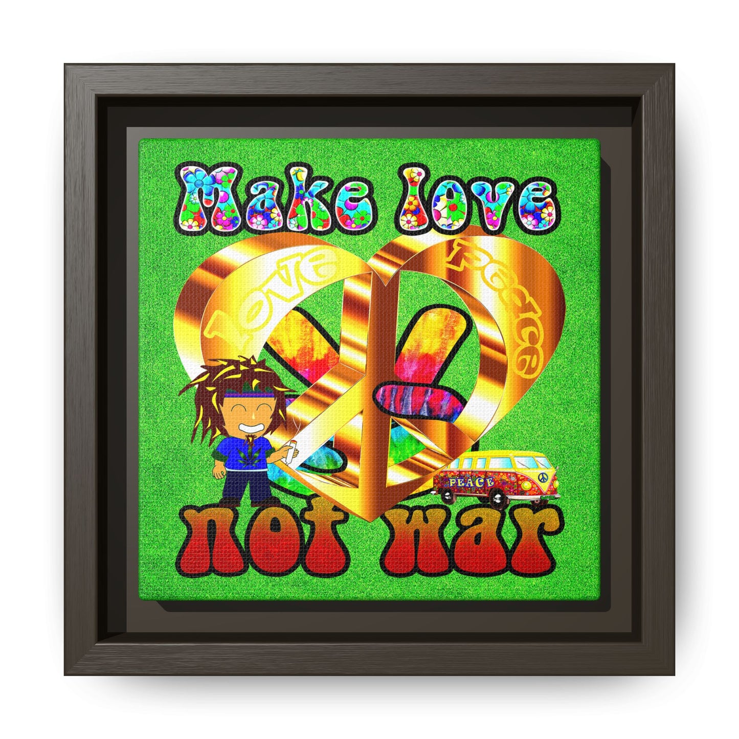 love peace - framed canvas art (green turf)