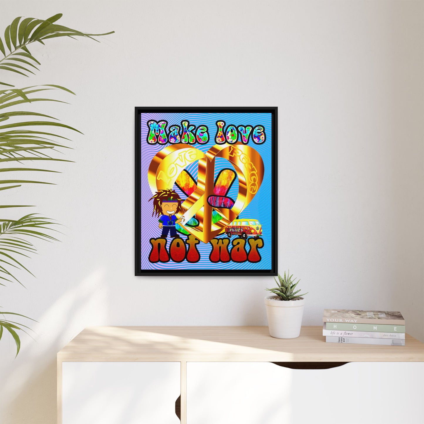 love peace - framed canvas art (light blue-purple wave)