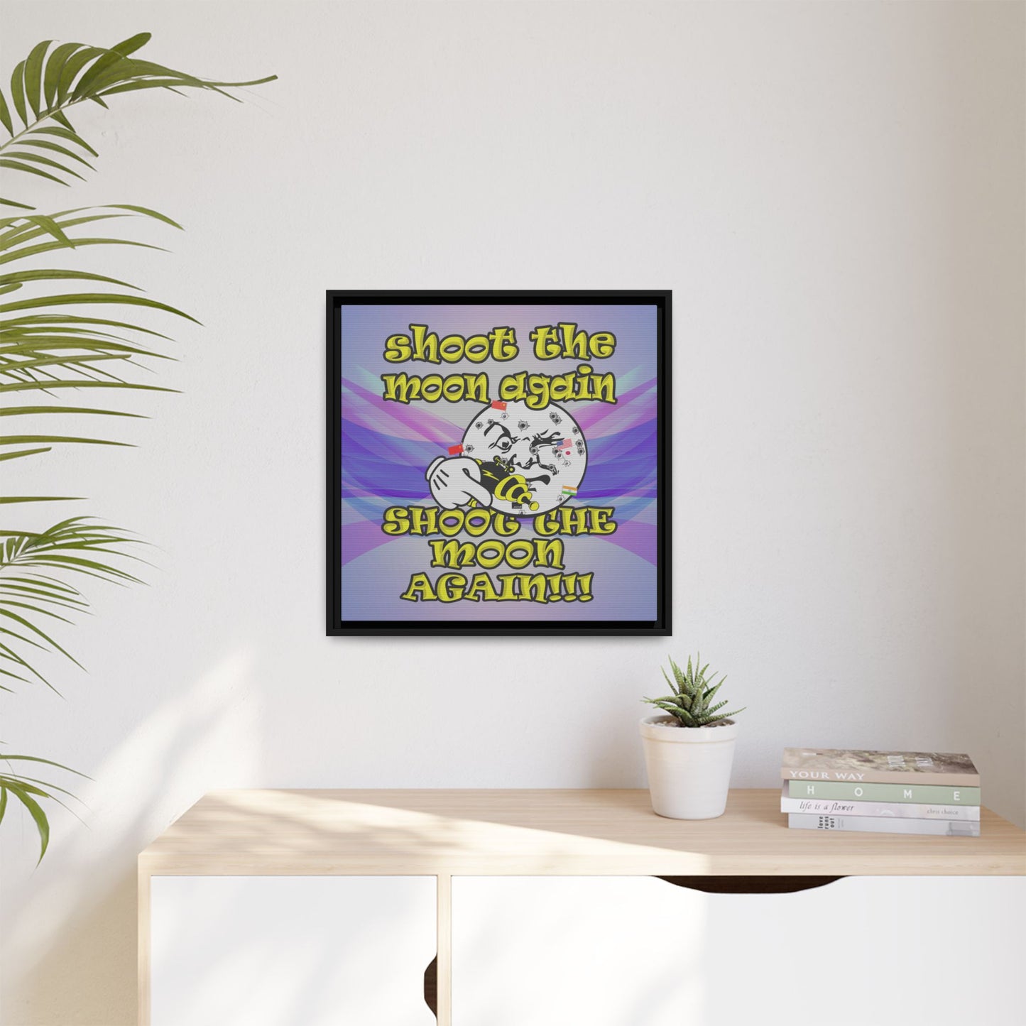 shoot the moon again - framed canvas art (light blue-pink wave)