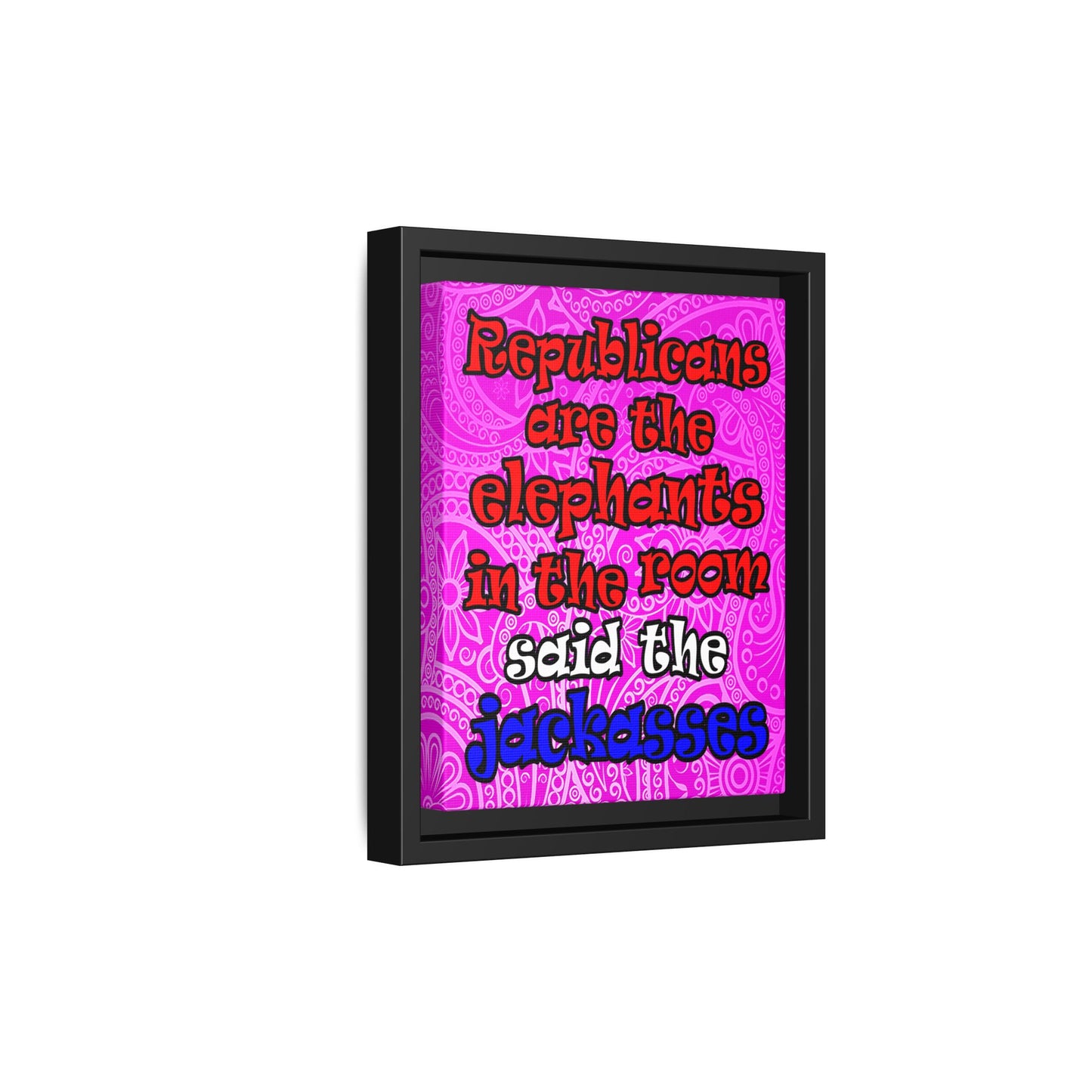 donkeys and elephants - framed canvas art (pink swirl)