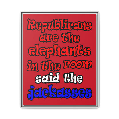 donkeys and elephants - framed canvas art (dark red)
