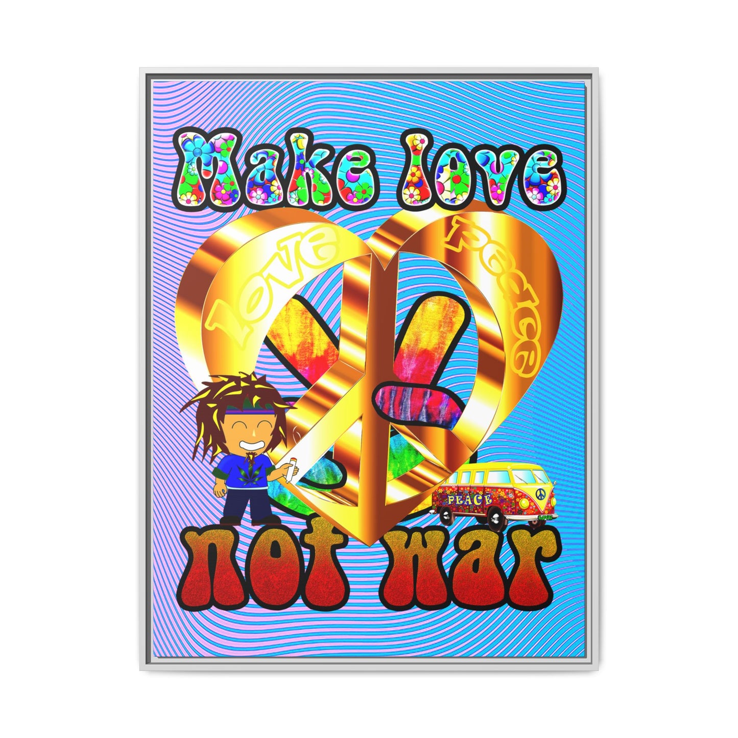love peace - framed canvas art (light blue-purple wave)
