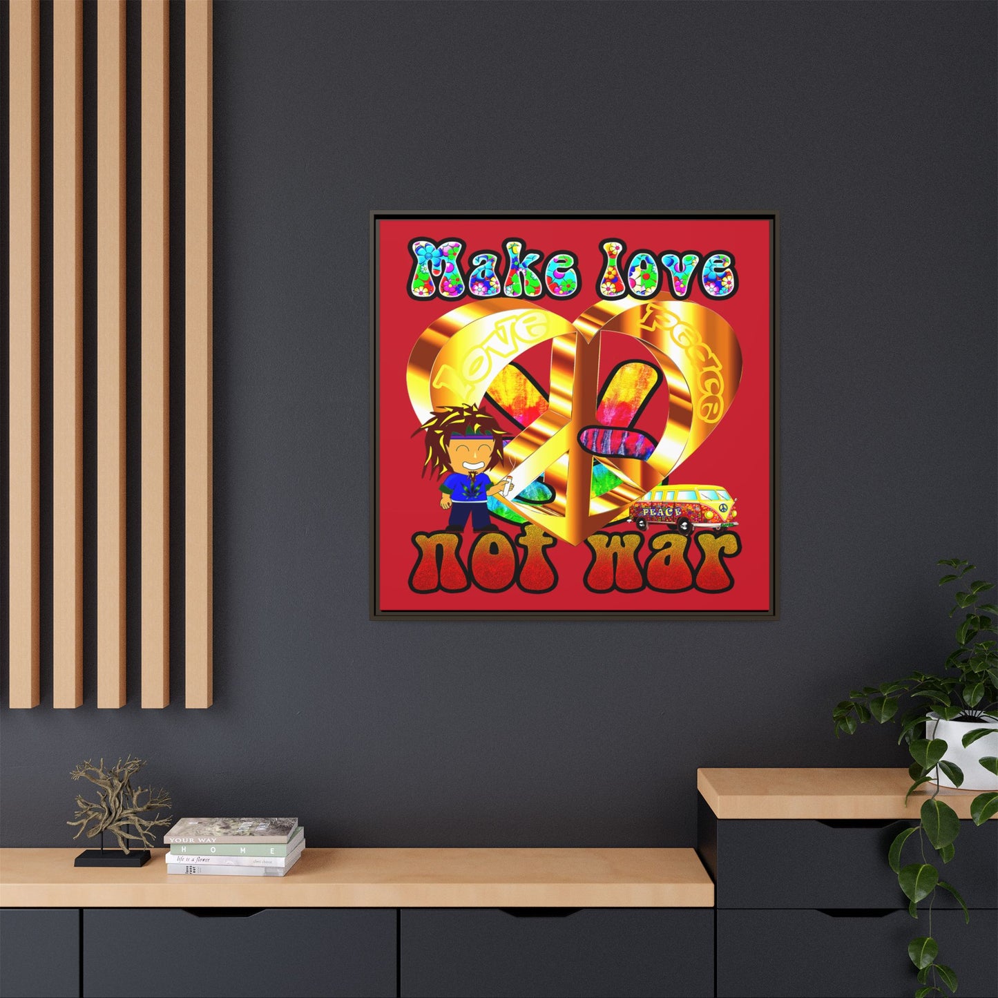 love peace - framed canvas art (dark red)
