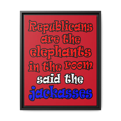donkeys and elephants - framed canvas art (dark red)