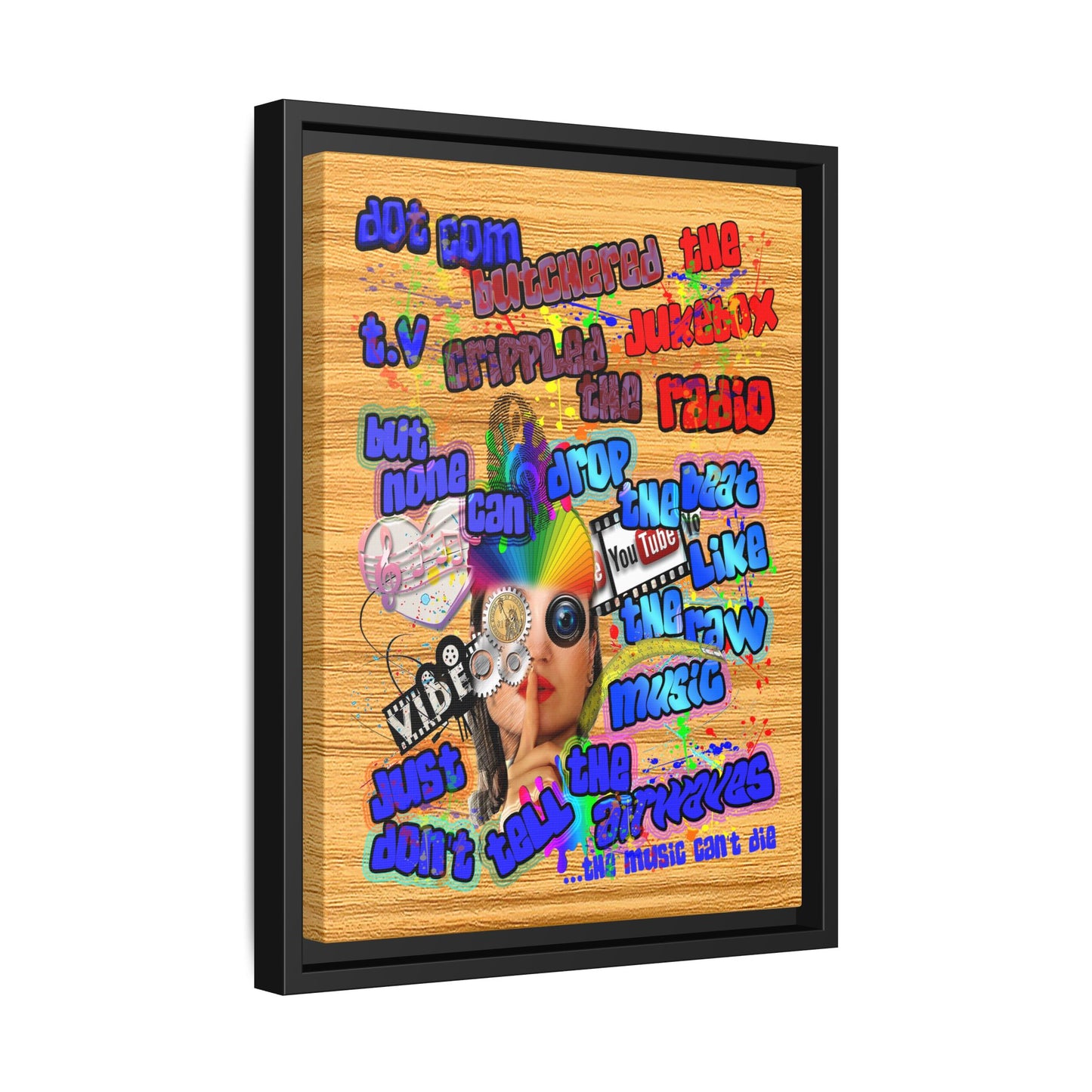drop the beat - framed canvas art (butterscotch wood finish)