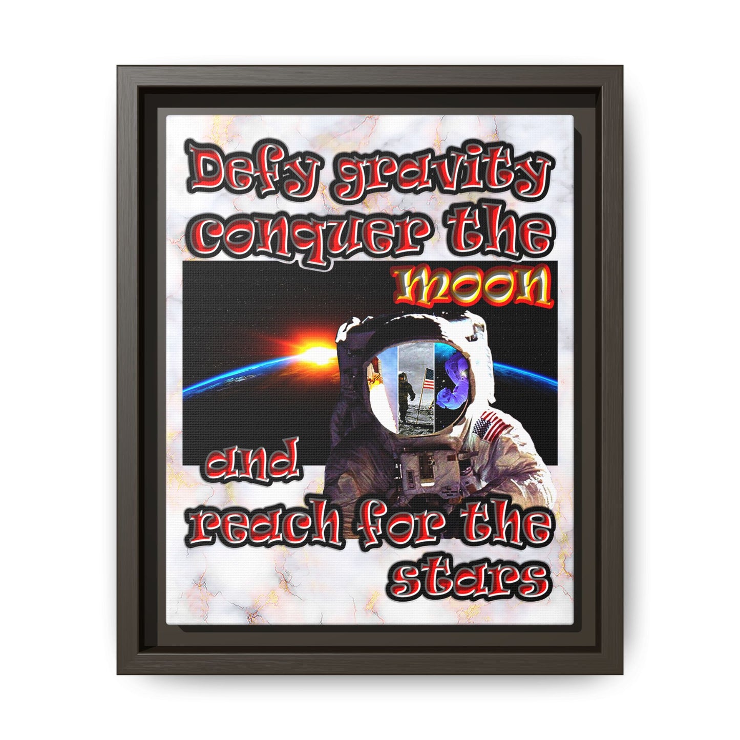 defy conquer reach - framed canvas art (white marble)