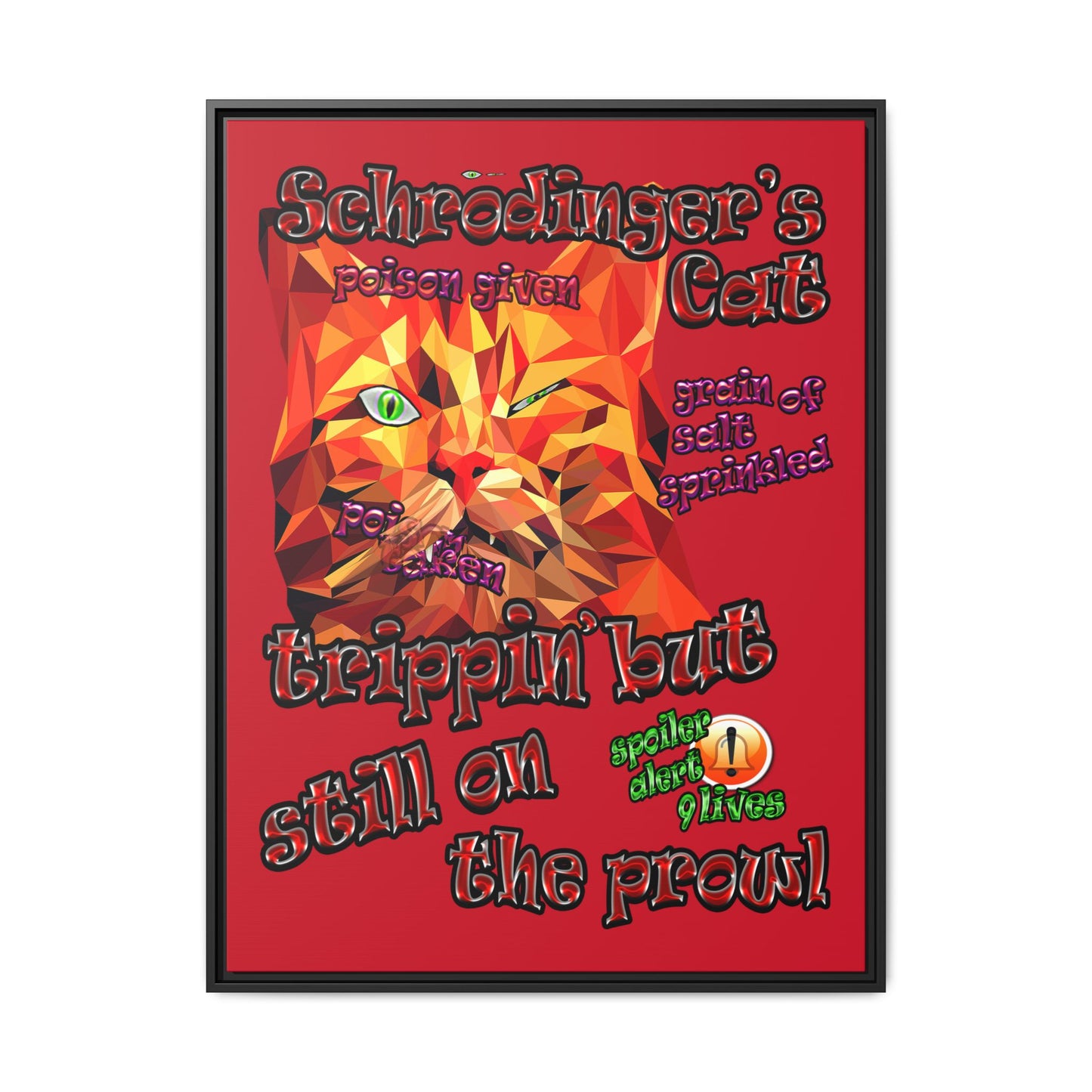 schrodinger's cat - framed canvas art (dark red)