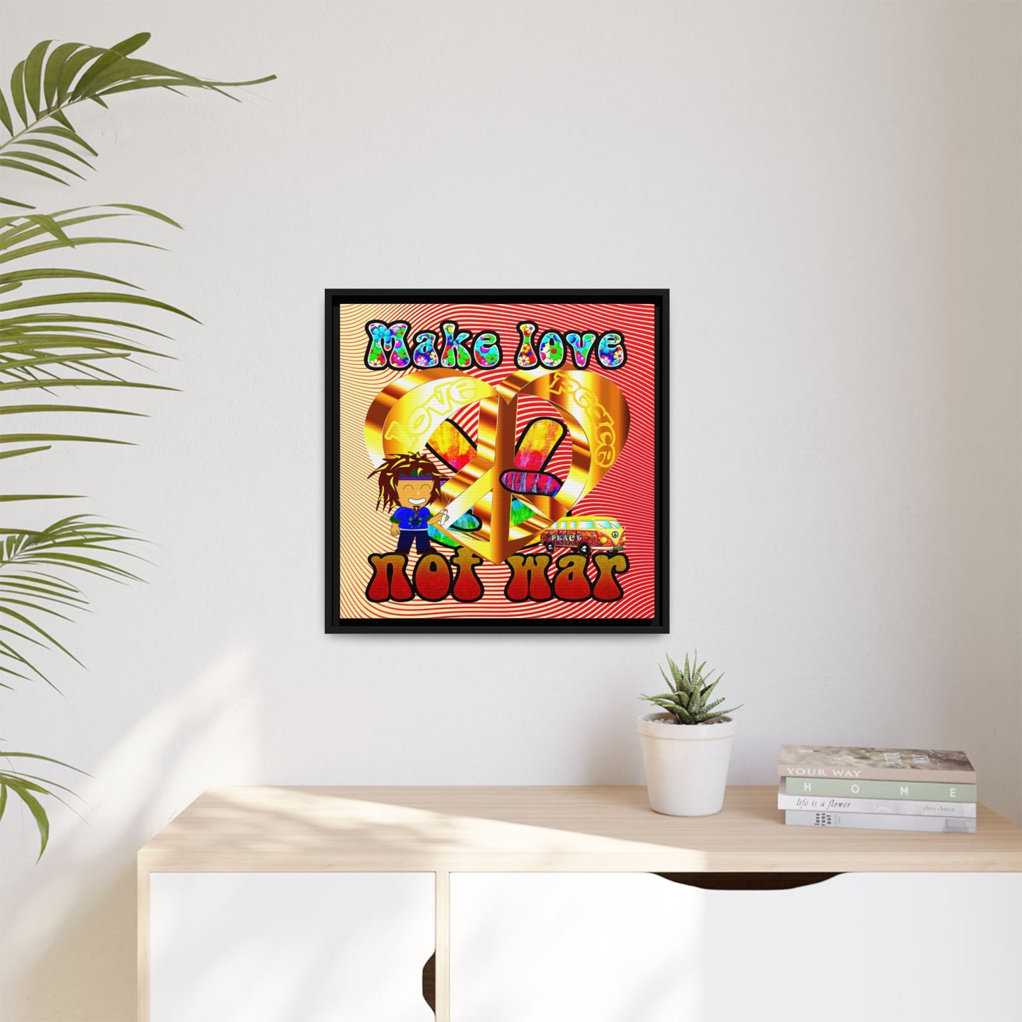 love peace - framed canvas art (yellow-orange wave)