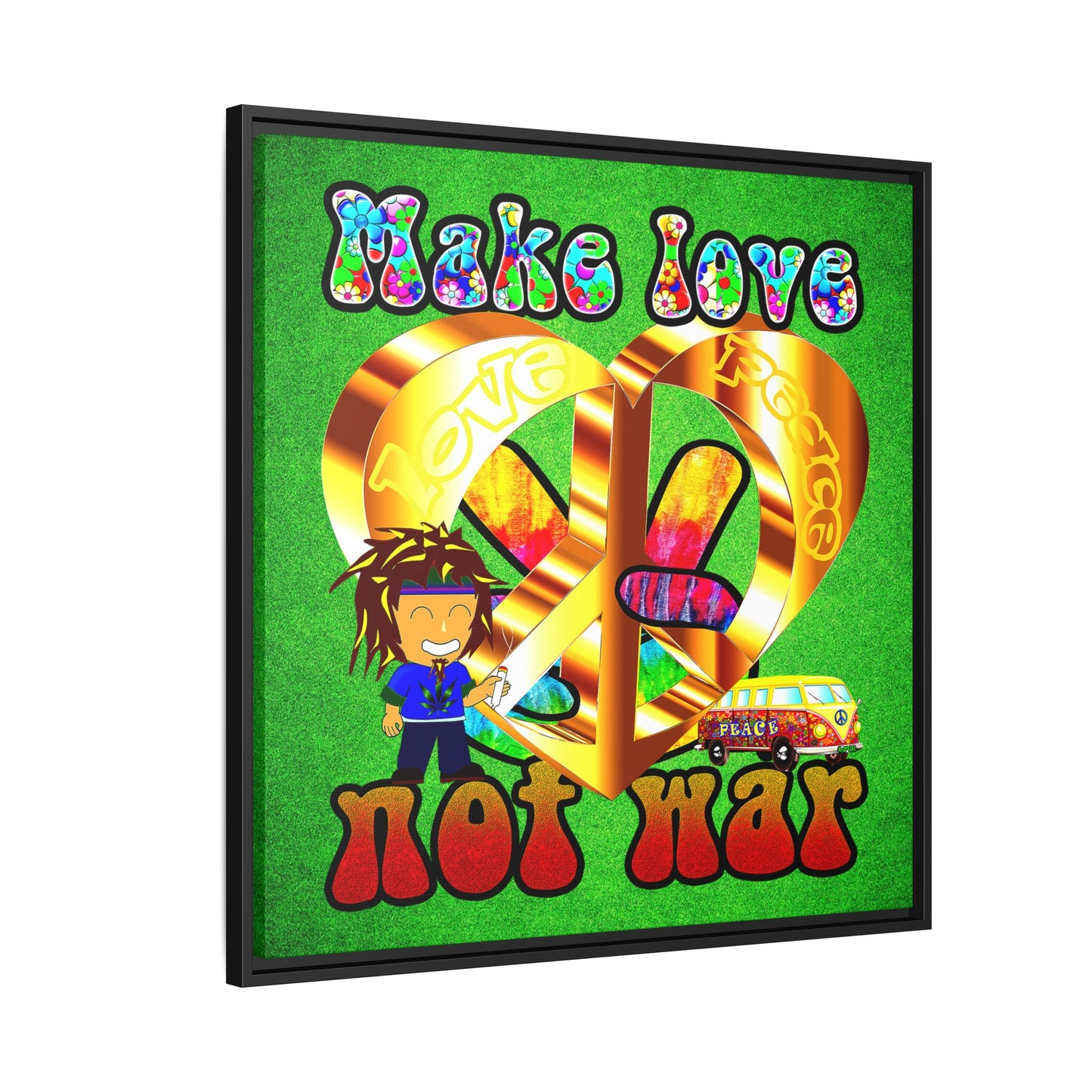 love peace - framed canvas art (green turf)
