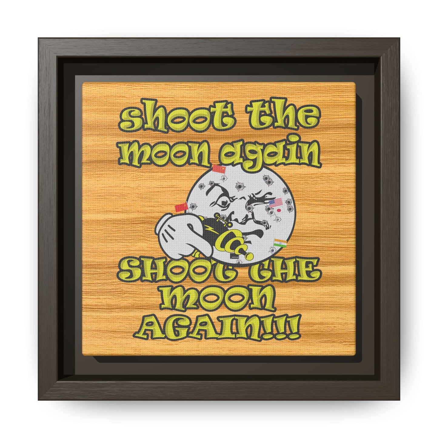 shoot the moon again - framed canvas art (butterscotch wood finish)