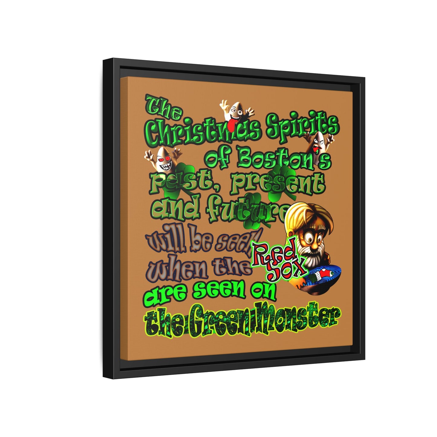 christmas spirits of boston - framed canvas art (light brown)