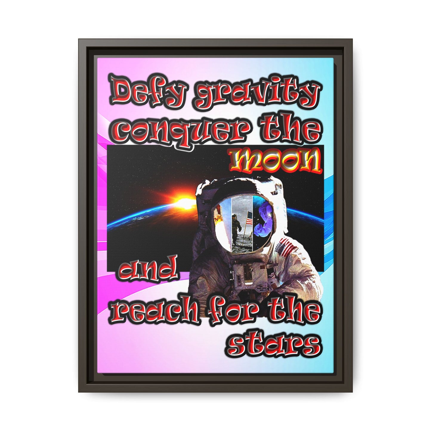 defy conquer reach - framed canvas art (light blue-pink wave)