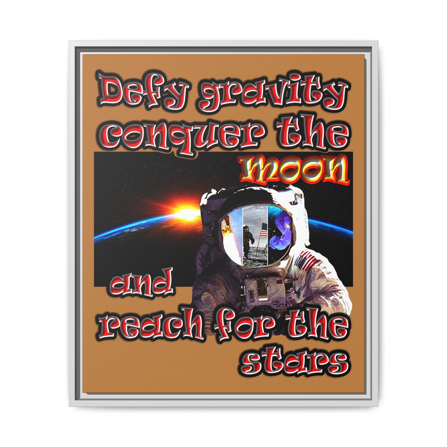 defy conquer reach - framed canvas art (light brown)
