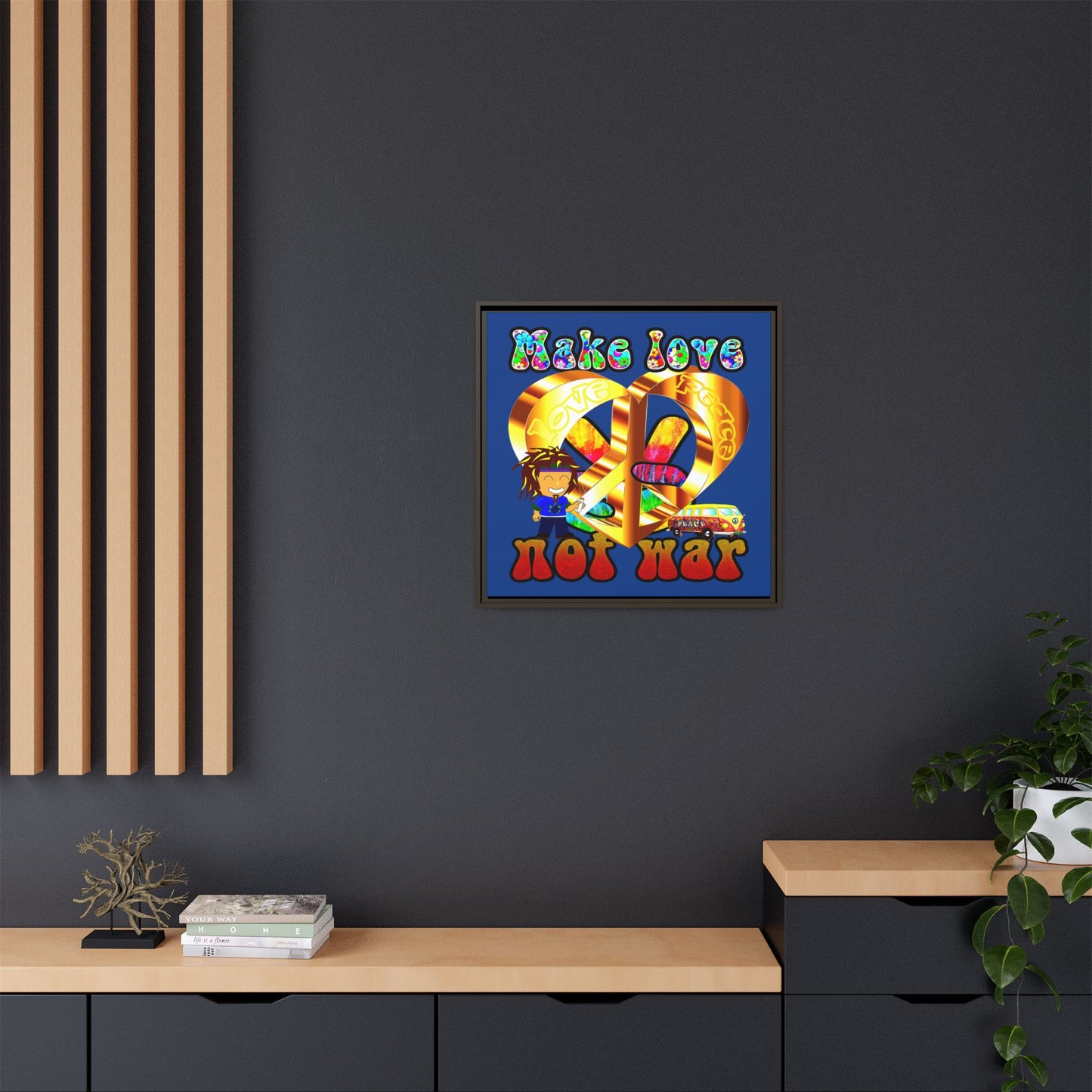 love peace - framed canvas art (dark blue)