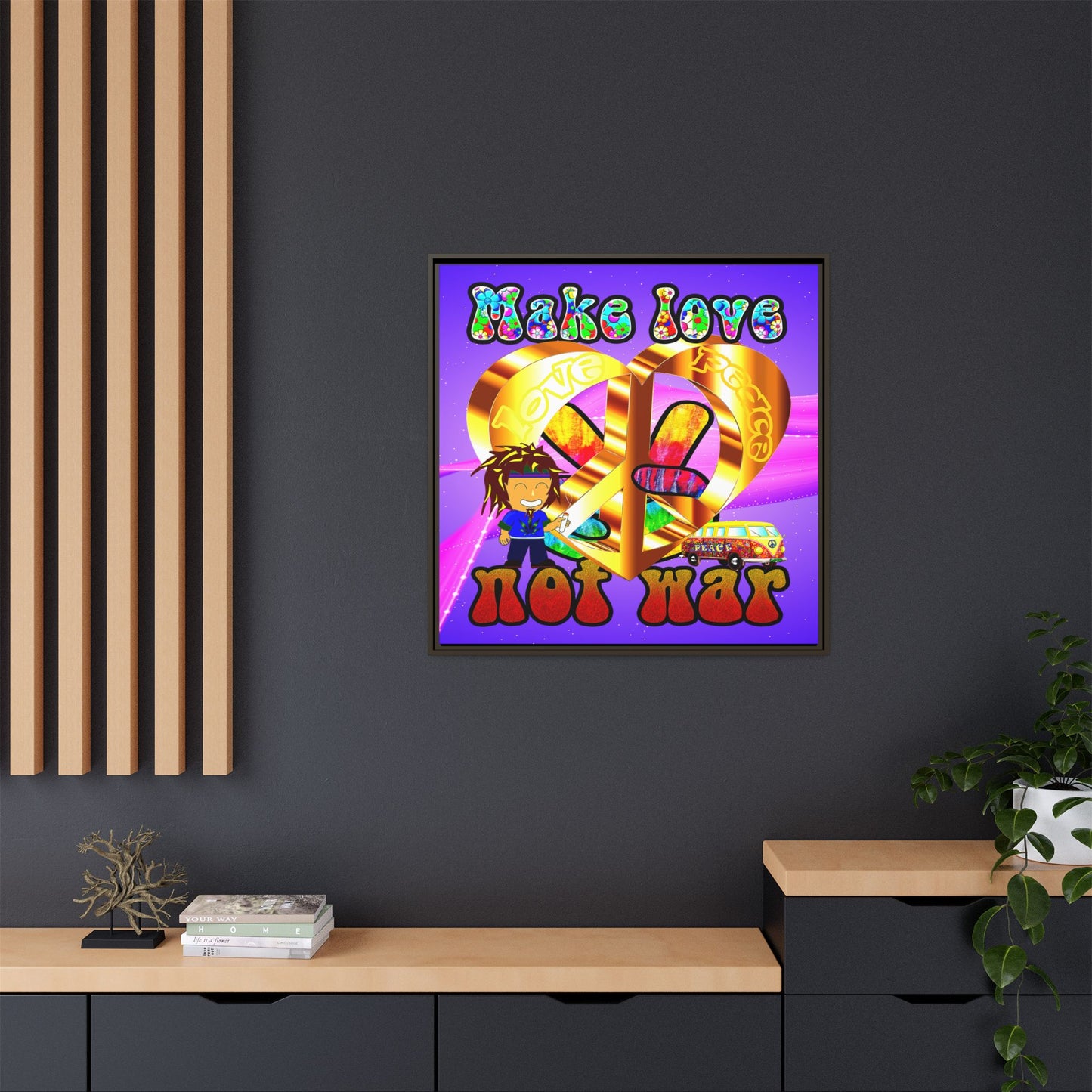 love peace - framed canvas art (purple-pink wave)