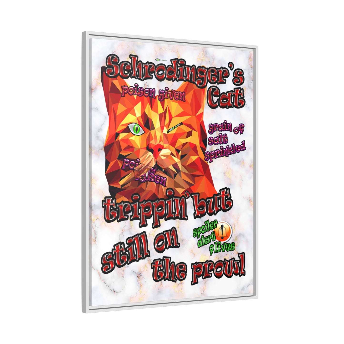 schrodinger's cat - framed canvas art (white marble)