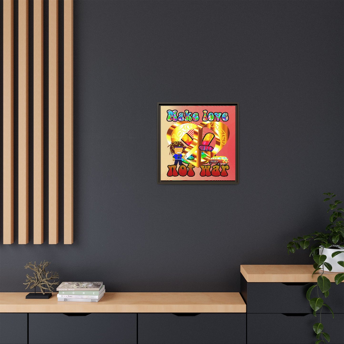 love peace - framed canvas art (yellow-orange wave)