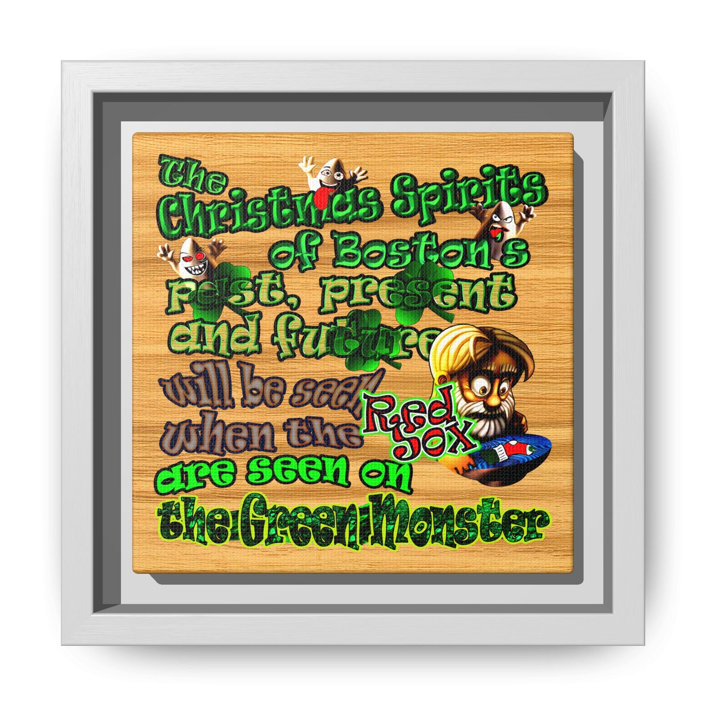 christmas spirits of boston - framed canvas art (butterscotch wood finish)