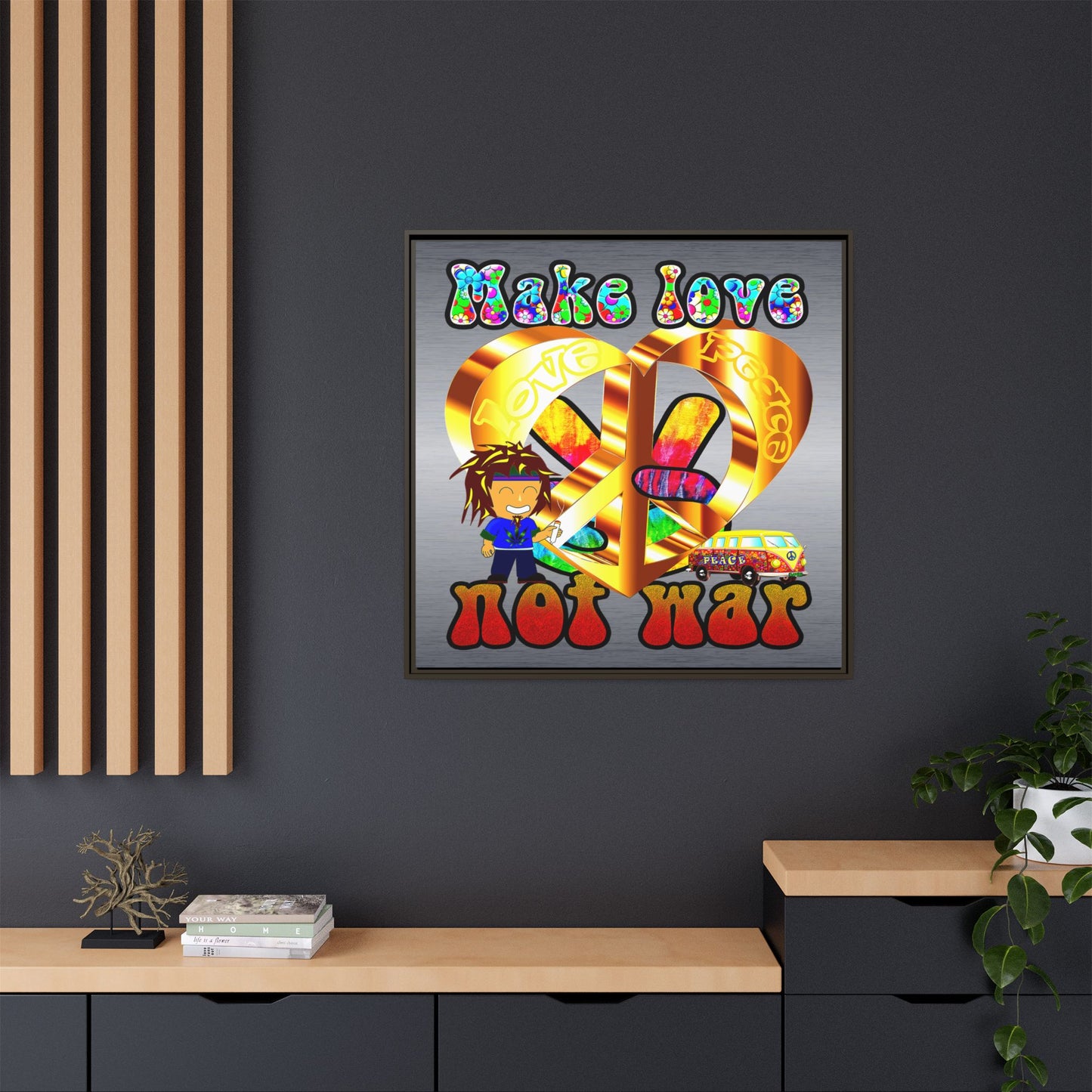 love peace - framed canvas art (brushed nickel)