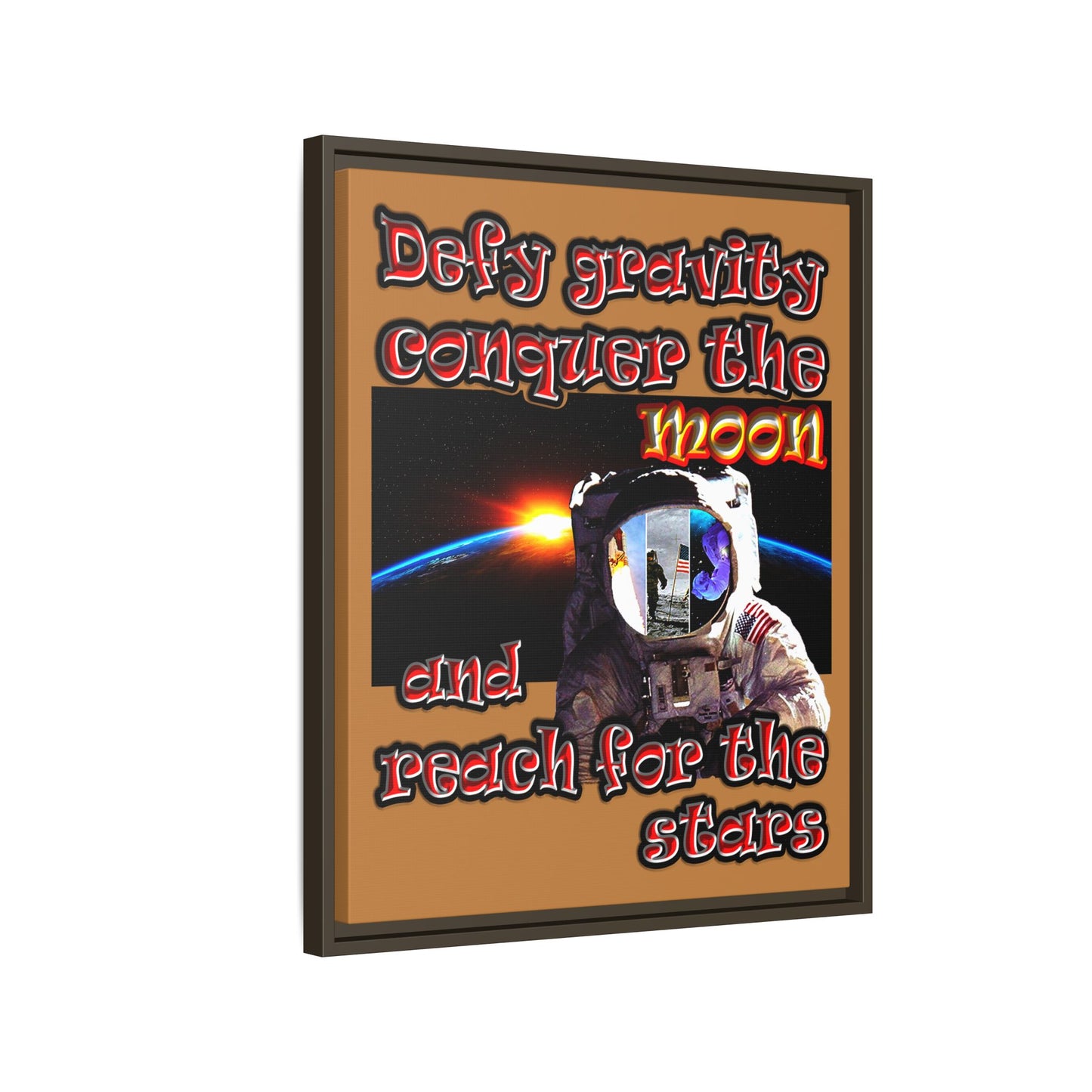 defy conquer reach - framed canvas art (light brown)